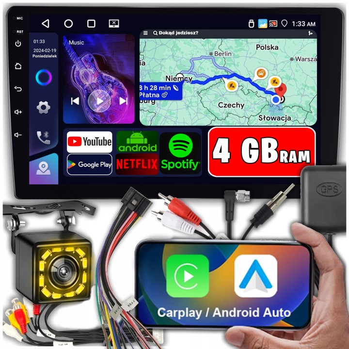 GearMotion A3453 — 9" 4+64 GB stacja 2‑DIN z CarPlay/Android Auto + kamera