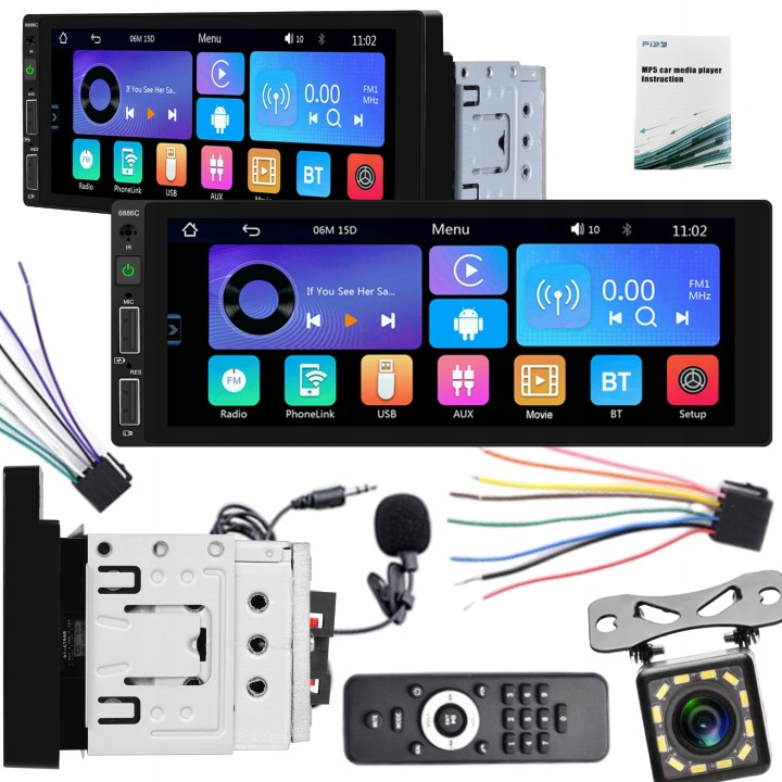 GearMotion A3445 — 6.86" 1‑DIN z bezprzewodowym CarPlay/Android Auto + kamera