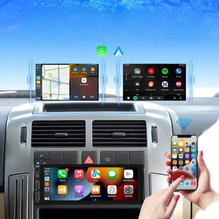 GearMotion A3445 — 6.86" 1‑DIN z bezprzewodowym CarPlay/Android Auto + kamera