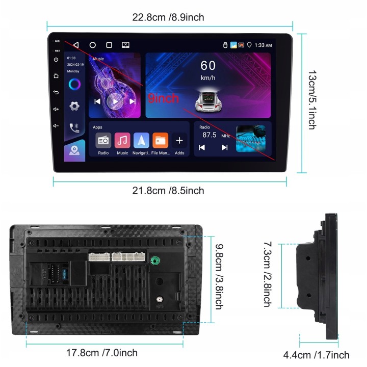 GearMotion A3453 — 9" 4+64 GB stacja 2‑DIN z CarPlay/Android Auto + kamera