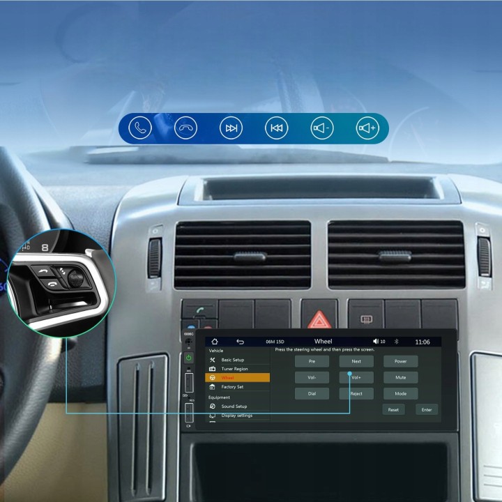 GearMotion A3445 — 6.86" 1‑DIN z bezprzewodowym CarPlay/Android Auto + kamera