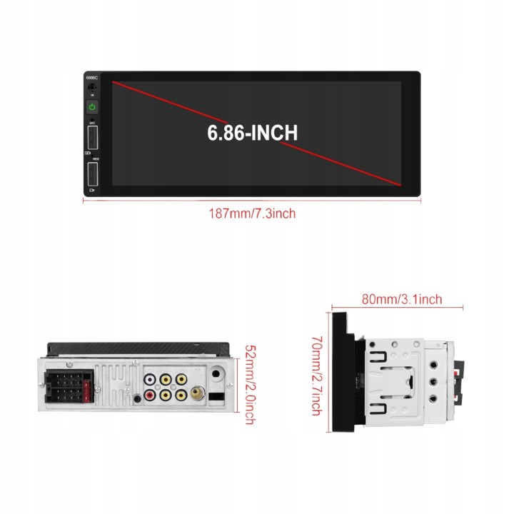 GearMotion A3445 — 6.86" 1‑DIN z bezprzewodowym CarPlay/Android Auto + kamera